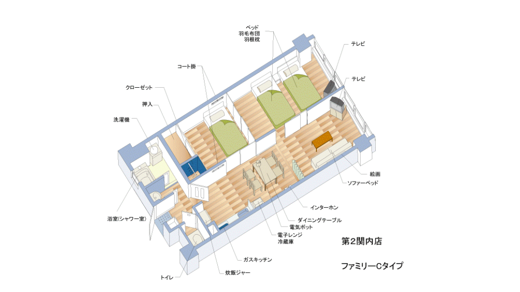 間取り図（玄関、右にトイレ、左に洗濯機、浴室（シャワー付き）、ダイニングにガスキッチン、炊飯ジャー、電子レンジ、冷蔵庫、電気ポット、ダイニングテーブル、インターホン、コート掛け、リビングにソファーベッド、絵画、テレビ、寝室にベッド3台、羽毛布団、羽毛枕、テレビ、クローゼット、押入）