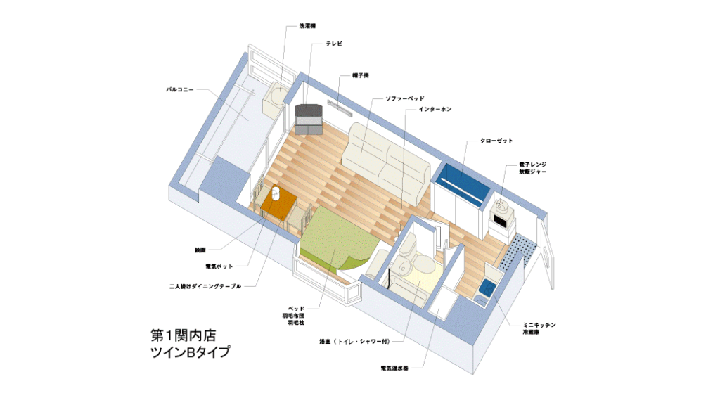 間取り図（玄関、電気温水器、ミニキッチン、冷蔵庫、電子レンジ、炊飯ジャー、クローゼット、浴室（トイレ・シャワー付き）、寝室にソファーベッド、インターホン、ベッド1台、羽毛布団、羽毛枕、テレビ、2人掛けダイニングテーブル、電気ポット、絵画、バルコニーに洗濯機）