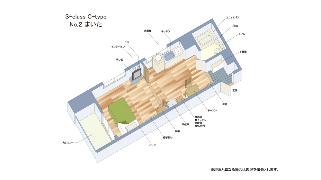 間取り図（玄関、下駄箱、右側にトイレ、洗面、ユニットバス、ダイニングにキッチン、洗濯機、テーブル、姿見、食器棚、電子レンジ、炊飯器、電気ポット、冷蔵庫、奥の寝室にテレビ、インターホン、電話、収納、帽子掛け、ベッド1台、バルコニー）