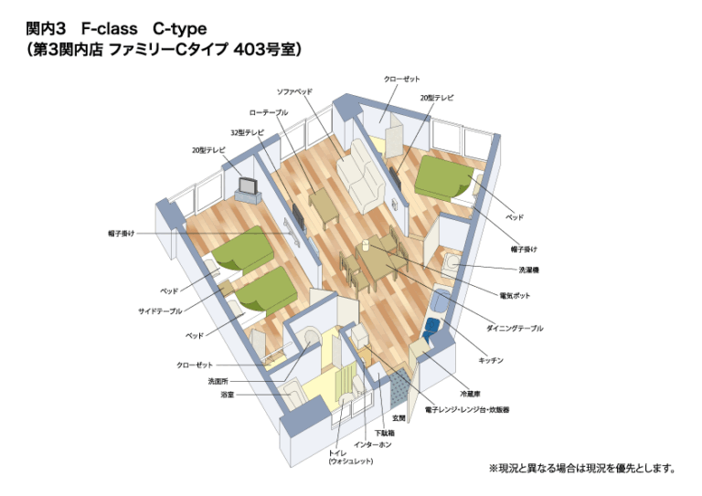 間取り図１（玄関、下駄箱、左にトイレ（ウォシュレット）、洗面所、浴室、電子レンジ、レンジ台、炊飯器、インターホン、キッチン、ダイニングテーブル、洗濯機、32型テレビ、ローテーブル、ソファーベッド、右側の寝室にベッド1台、20型テレビ、クローゼット、左側の寝室にベッド2台、サイドテーブル、帽子掛け、20型テレビ、クローゼット）