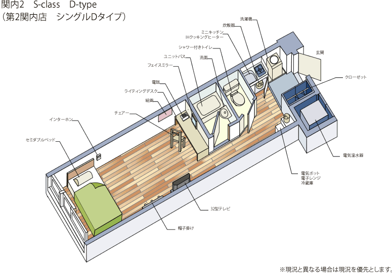 間取り図（玄関、洗濯機、ミニキッチン、IHクッキングヒーター、電子レンジ、冷蔵庫、トイレ、ユニットバス、部屋内にフェイスミラー、ライティングデスク、チェアー、電話、絵画、インターホン、32型テレビ、帽子掛け、セミダブルベッド）